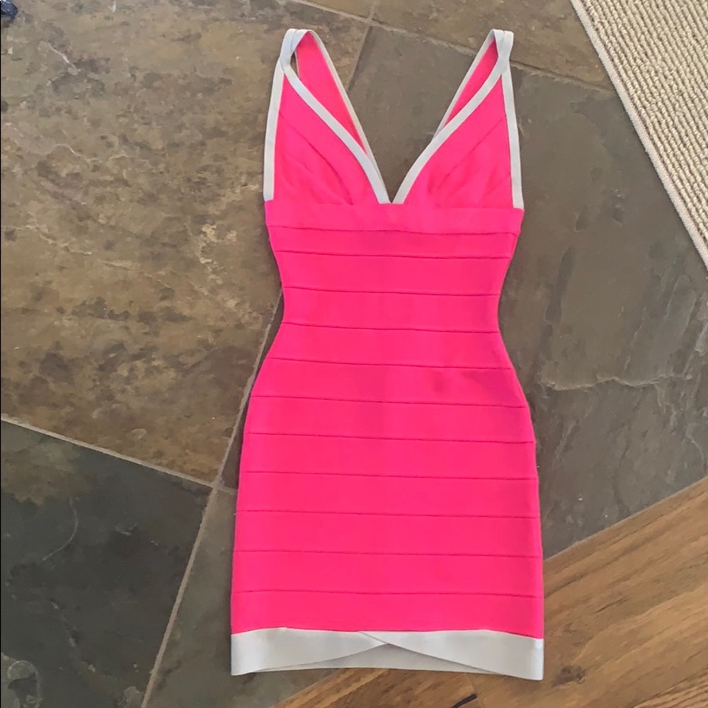 Herve Leger Bright pink gray trim bodycon mini xxs
